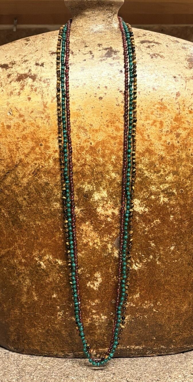 Strand of Malachite, Tigers Eye & Garnet Beads 35 Inches Each Vintage Set of 3